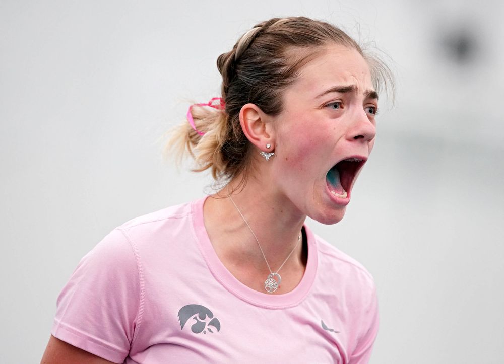 Iowa's Sophie Clark celebrates after winning her match against Purdue at the Hawkeye Tennis and Recreation Complex in Iowa City on Friday, Mar. 29, 2019. (Stephen Mally/hawkeyesports.com)