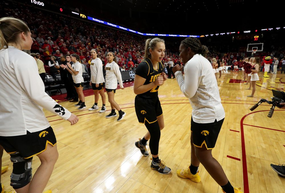 Iowa Hawkeyes guard Kathleen Doyle (22) and guard Zion Sanders (21) against the Iowa State Cyclones Wednesday, December 11, 2019 at Hilton Coliseum in Ames, Iowa(Brian Ray/hawkeyesports.com)