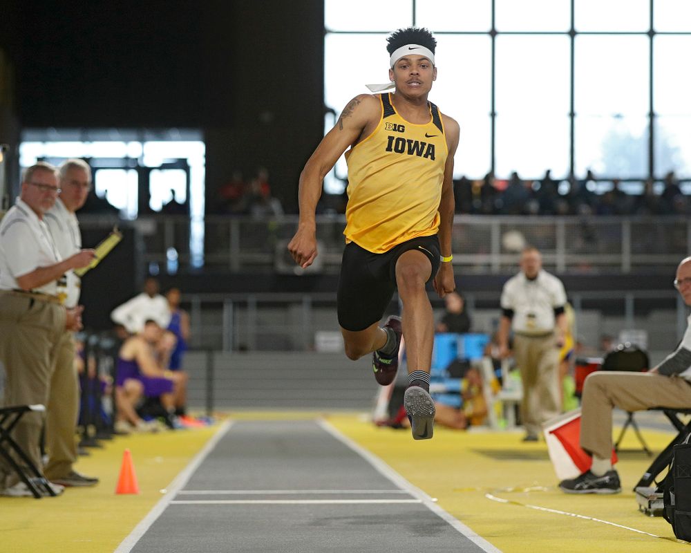 Iowa’s James Carter competes in the men’s triple jump event at the Black and Gold Invite at the Recreation Building in Iowa City on Saturday, February 1, 2020. (Stephen Mally/hawkeyesports.com)