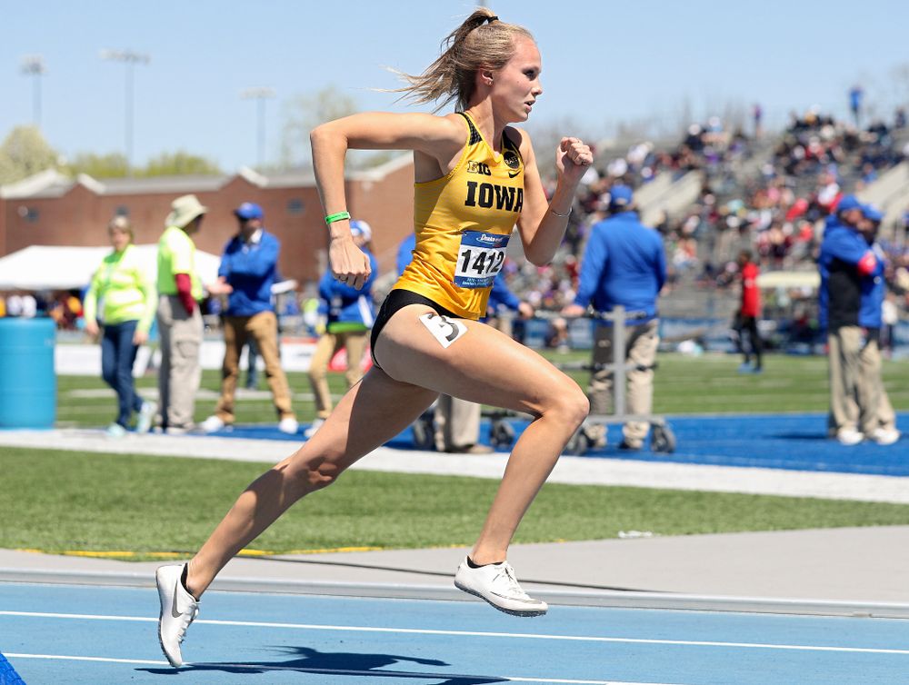 Iowa's Payton Wensel runs in the women's 400 meter hurdles event during the second day of the Drake Relays at Drake Stadium in Des Moines on Friday, Apr. 26, 2019. (Stephen Mally/hawkeyesports.com)