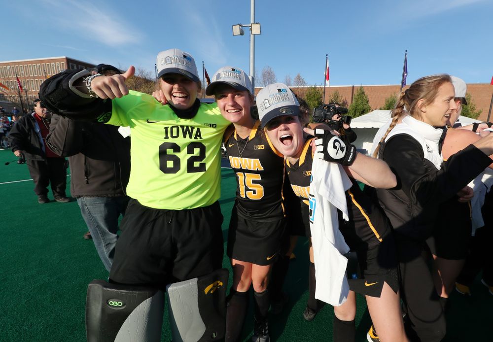 Iowa Hawkeyes goaltender Grace McGuire (62), Esme Gibson (15), and Meghan Conroy (5) celebrate their victory over  Penn State in the 2019 Big Ten Field Hockey Tournament Championship Game Sunday, November 10, 2019 in State College. (Brian Ray/hawkeyesports.com)