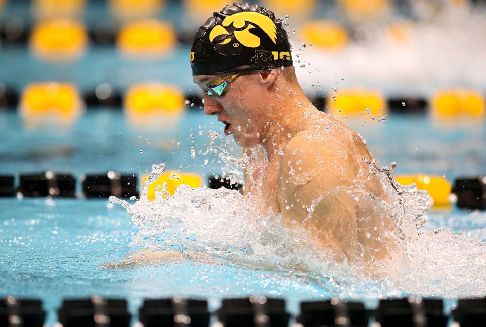 Iowa’s Thomas Pederson swims the breaststroke section in the men’s 400 yard medley relay event during their meet at the Campus Recreation and Wellness Center in Iowa City on Friday, February 7, 2020. (Stephen Mally/hawkeyesports.com)