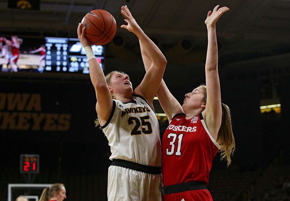 Iowa Hawkeyes forward Monika Czinano (25) makes a basket during the second quarter of the game at Carver-Hawkeye Arena in Iowa City on Thursday, February 6, 2020. (Stephen Mally/hawkeyesports.com)
