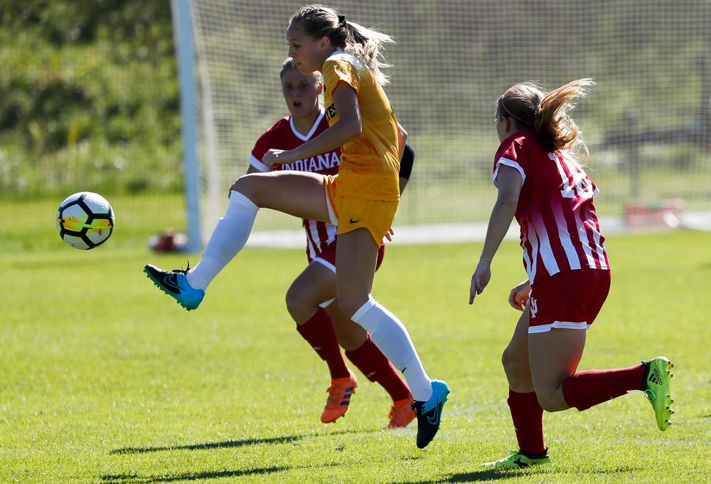 Iowa Hawkeyes midfielder Hailey Rydberg (2) passes the ball during a game against Indiana at the Iowa Soccer Complex on September 23, 2018. (Tork Mason/hawkeyesports.com)