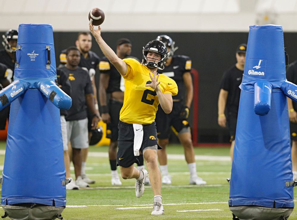 Iowa Hawkeyes quarterback Peyton Mansell (2) throws a pass during Fall Camp Practice No. 9 at the Hansen Football Performance Center in Iowa City on Monday, Aug 12, 2019. (Stephen Mally/hawkeyesports.com)