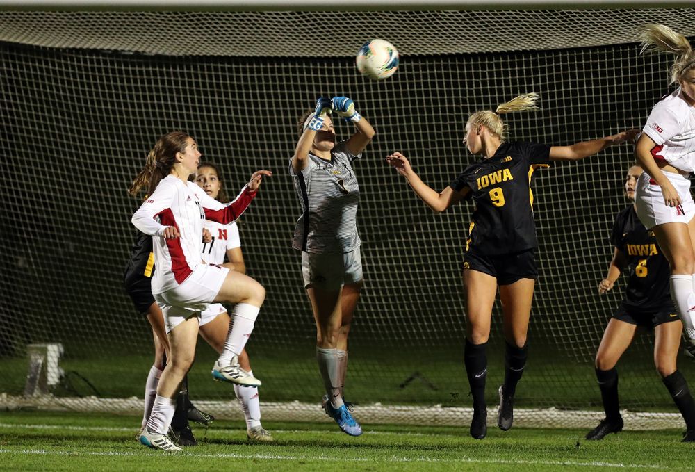 Iowa Hawkeyes goalkeeper Claire Graves (1) makes a save against the Nebraska Cornhuskers Thursday, October 3, 2019 at the Iowa Soccer Complex. (Brian Ray/hawkeyesports.com)