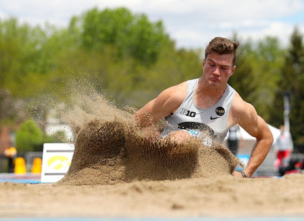Iowa's Peyton Haack jumps during the men's long jump in the decathlon event on the first day of the Big Ten Outdoor Track and Field Championships at Francis X. Cretzmeyer Track in Iowa City on Friday, May. 10, 2019. (Stephen Mally/hawkeyesports.com)