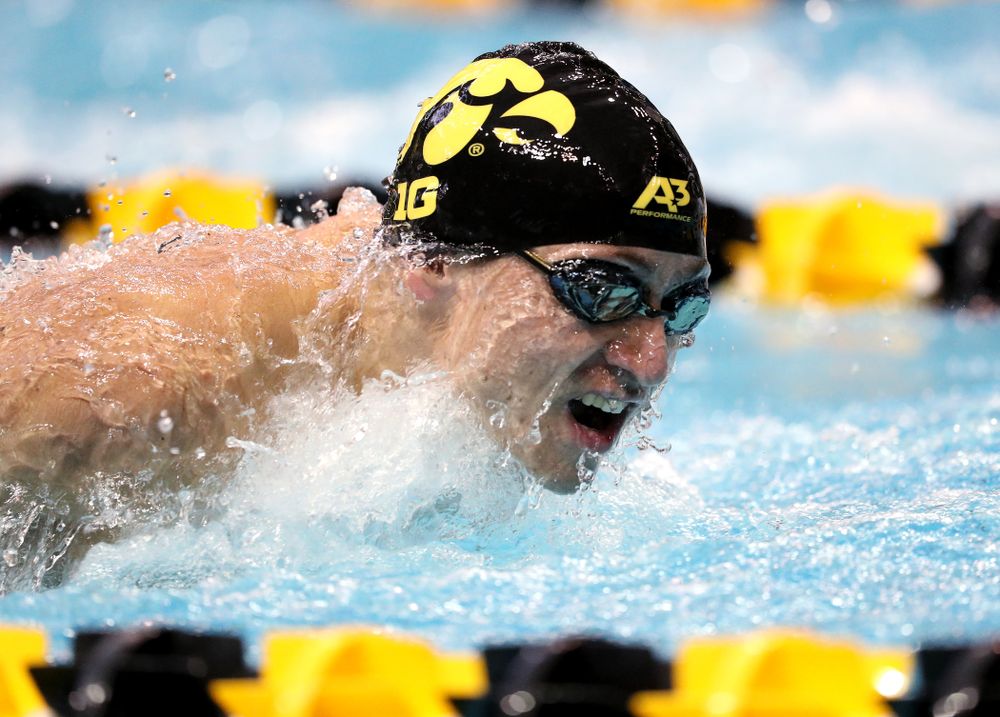 IowaÕs Michael Tenney competes in the 200 yard butterfly against Notre Dame and Illinois Saturday, January 11, 2020 at the Campus Recreation and Wellness Center.  (Brian Ray/hawkeyesports.com)