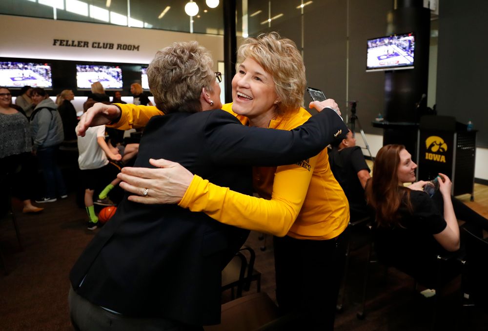 Iowa Hawkeye Head Coach Lisa Bluder hugs Deputy Athletics Director Barbara Burke after finding out their seed in the 2018 NCAA Women's Basketball Tournament  Monday, March 12, 2018 at Carver-Hawkeye Arena. (Brian Ray/hawkeyesports.com)