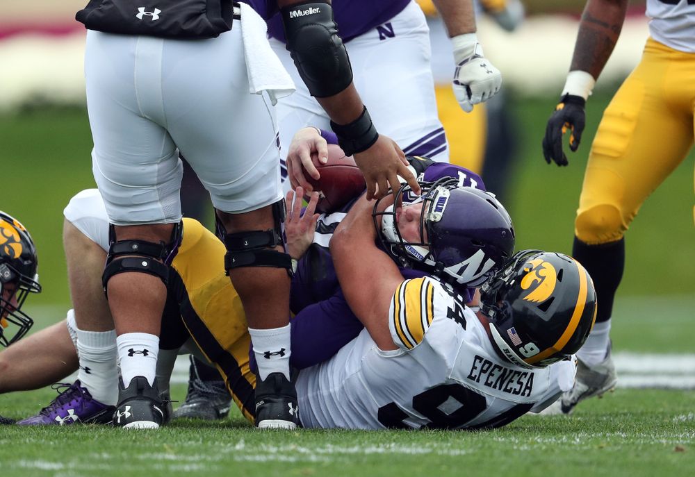 Iowa Hawkeyes defensive end A.J. Epenesa (94) against the Northwestern Wildcats Saturday, October 26, 2019 at Ryan Field in Evanston, Ill. (Brian Ray/hawkeyesports.com)
