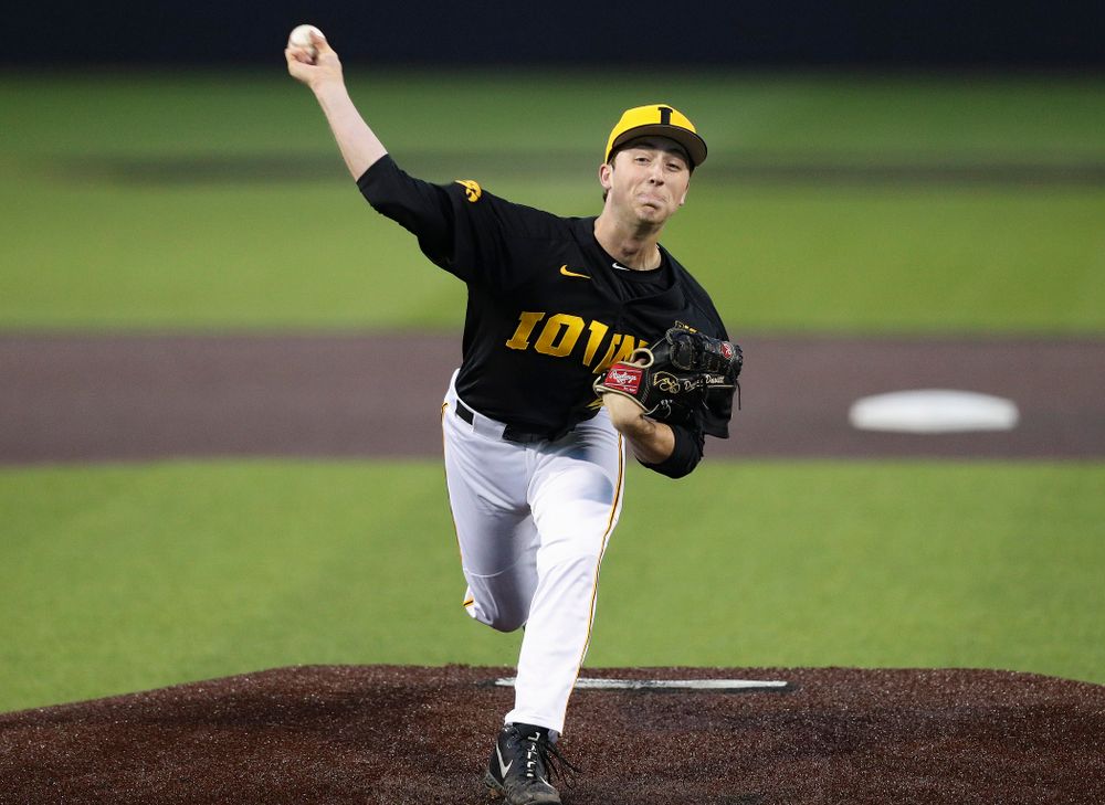 Iowa Hawkeyes pitcher Duncan Davitt (44) delivers to the plate during the fifth inning of their game against Western Illinois at Duane Banks Field in Iowa City on Wednesday, May. 1, 2019. (Stephen Mally/hawkeyesports.com)