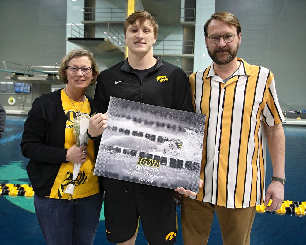Iowa’s Joe Myhre is honored on senior day before their meet at the Campus Recreation and Wellness Center in Iowa City on Friday, February 7, 2020. (Stephen Mally/hawkeyesports.com)