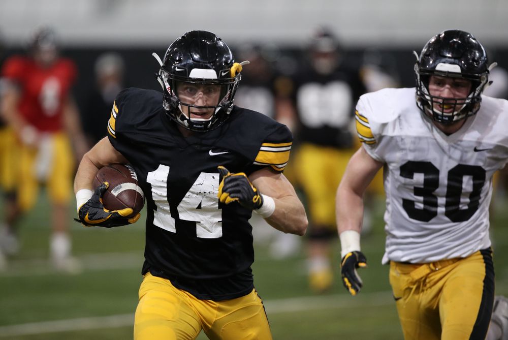 Iowa Hawkeyes wide receiver Kyle Groeneweg (14) during preparation for the 2019 Outback Bowl Wednesday, December 19, 2018 at the Hansen Football Performance Center. (Brian Ray/hawkeyesports.com)
