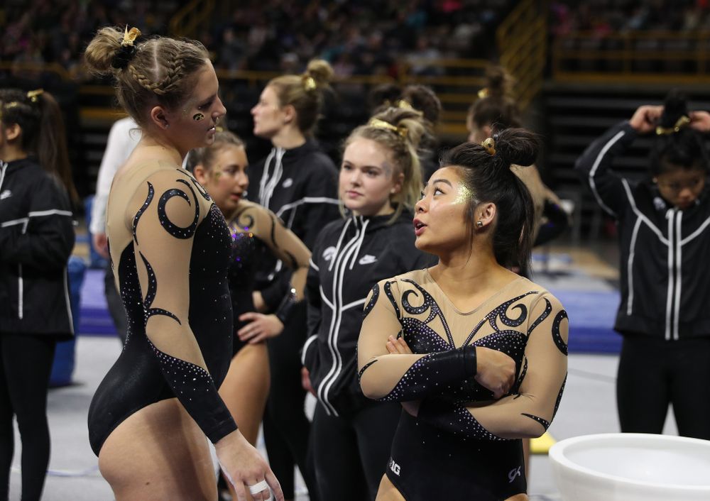 Iowa's Clair Kaji encourages teammate Emma Hartzler  before her routine on the beam during their meet against Southeast Missouri State Friday, January 11, 2019 at Carver-Hawkeye Arena. (Brian Ray/hawkeyesports.com)