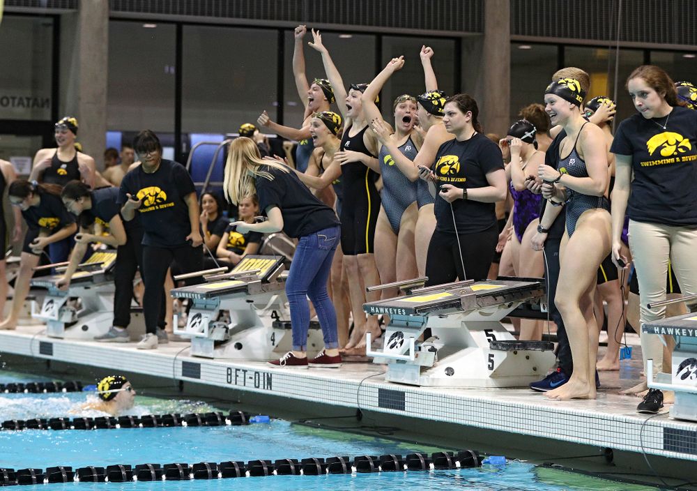 Iowa swimmers cheer during the women’s 200 yard freestyle relay event during their meet at the Campus Recreation and Wellness Center in Iowa City on Friday, February 7, 2020. (Stephen Mally/hawkeyesports.com)