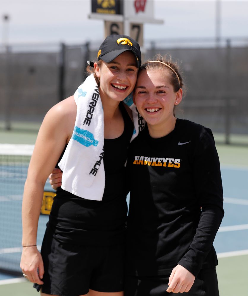 Iowa's Elise Van Heuvelen and Zoe Douglas against the Wisconsin Badgers Sunday, April 22, 2018 at the Hawkeye Tennis and Recreation Center. (Brian Ray/hawkeyesports.com)
