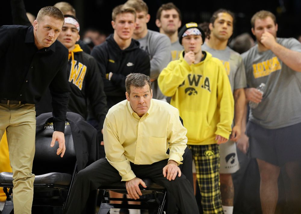 Iowa head coach Tom Brands looks on during Alex Marinelli’s (not pictured) 165-pound match during their dual at Carver-Hawkeye Arena in Iowa City on Friday, January 31, 2020. (Stephen Mally/hawkeyesports.com)
