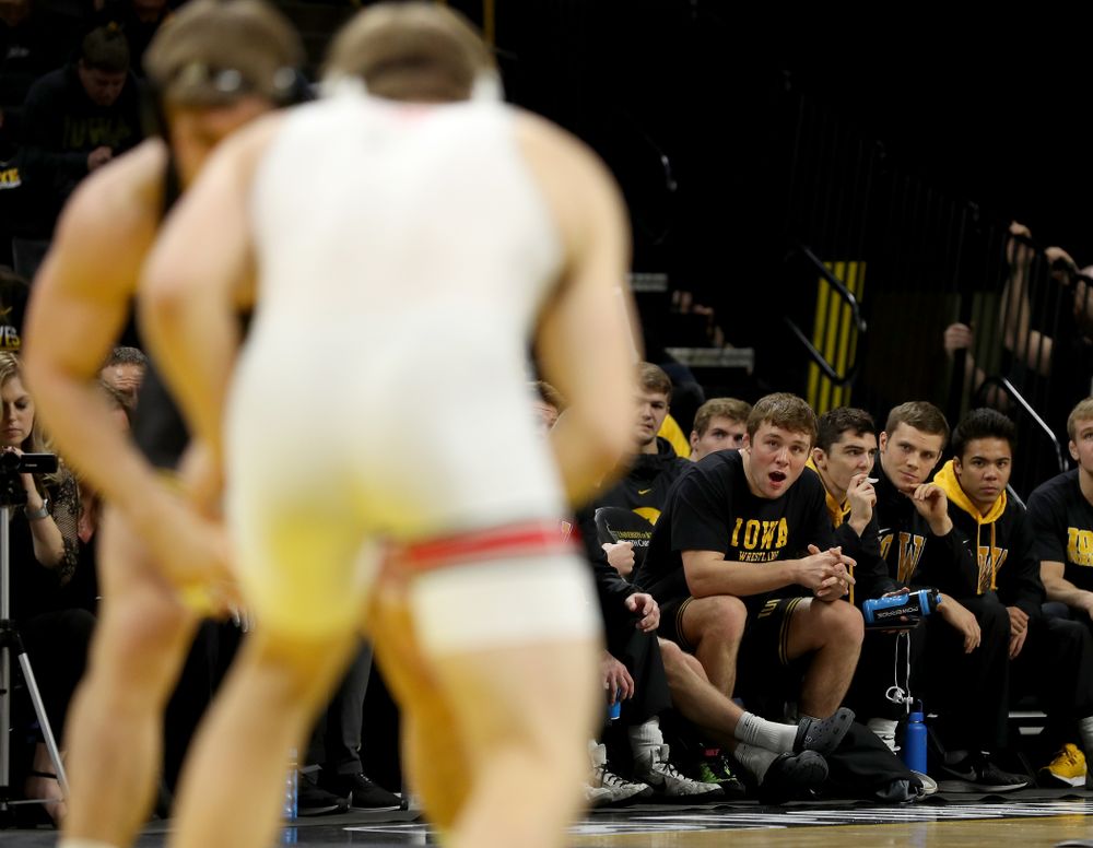 Jacob Warner cheers on Iowa’s Cash Wilcke as he wrestles Ohio State’s Kollin Moore at 197 pounds Friday, January 24, 2020 at Carver-Hawkeye Arena. Moore won the match 8-3. (Brian Ray/hawkeyesports.com)