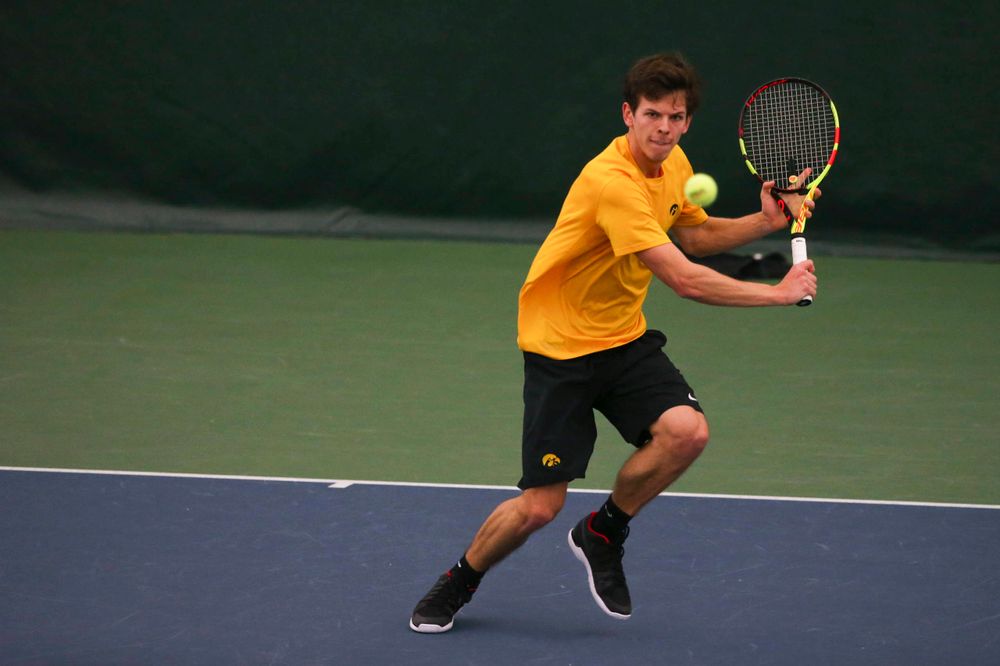 Iowa's Joe Tyler at a tennis match vs Drake  Friday, March 8, 2019 at the Hawkeye Tennis and Recreation Complex. (Lily Smith/hawkeyesports.com)