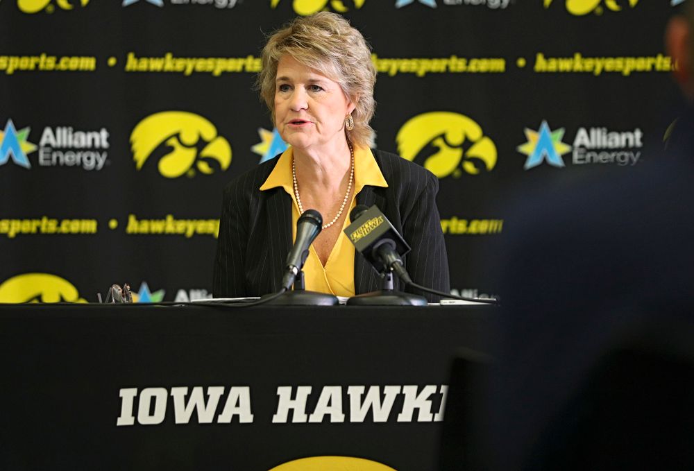 Iowa head coach Lisa Bluder answers questions during Iowa Women’s Basketball Media Day at Carver-Hawkeye Arena in Iowa City on Thursday, Oct 24, 2019. (Stephen Mally/hawkeyesports.com)