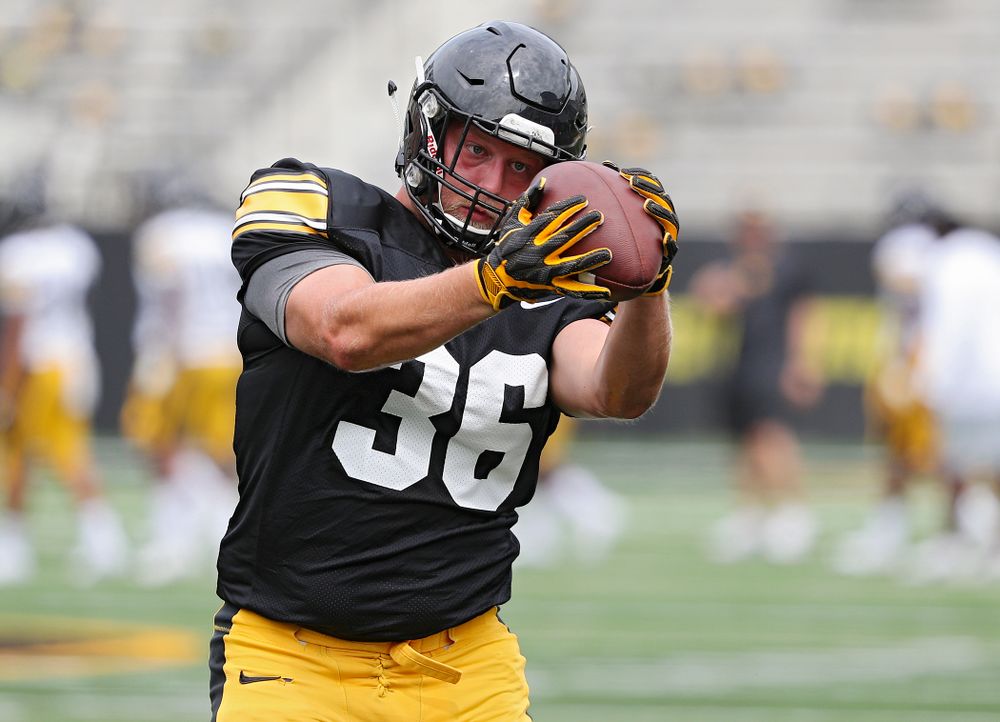 Iowa Hawkeyes fullback Brady Ross (36) pulls in a pass during Fall Camp Practice No. 8 at Kids Day at Kinnick Stadium in Iowa City on Saturday, Aug 10, 2019. (Stephen Mally/hawkeyesports.com)