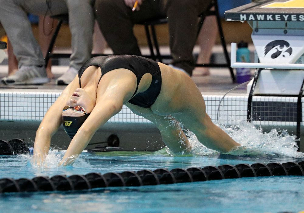 Iowa’s Julia Koluch swims the backstroke section of the women’s 200-yard medley relay event during their meet against Michigan State and Northern Iowa at the Campus Recreation and Wellness Center in Iowa City on Friday, Oct 4, 2019. (Stephen Mally/hawkeyesports.com)