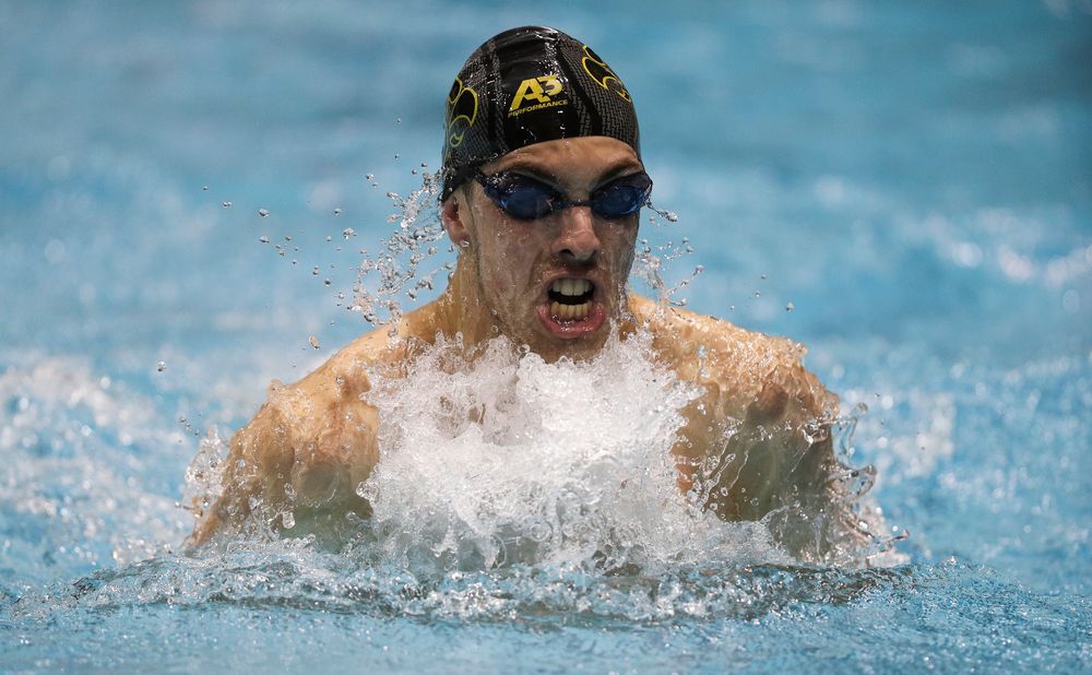 Iowa's Weston Credit competes in the 100-yard breaststroke during the third day of the Hawkeye Invitational at the Campus Recreation and Wellness Center on November 16, 2018. (Tork Mason/hawkeyesports.com)