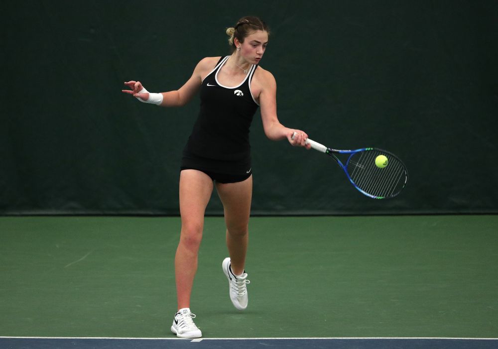 Iowa's Sophie Clark against the Penn State Nittany Lions Sunday, February 24, 2019 at the Hawkeye Tennis and Recreation Complex. (Brian Ray/hawkeyesports.com)