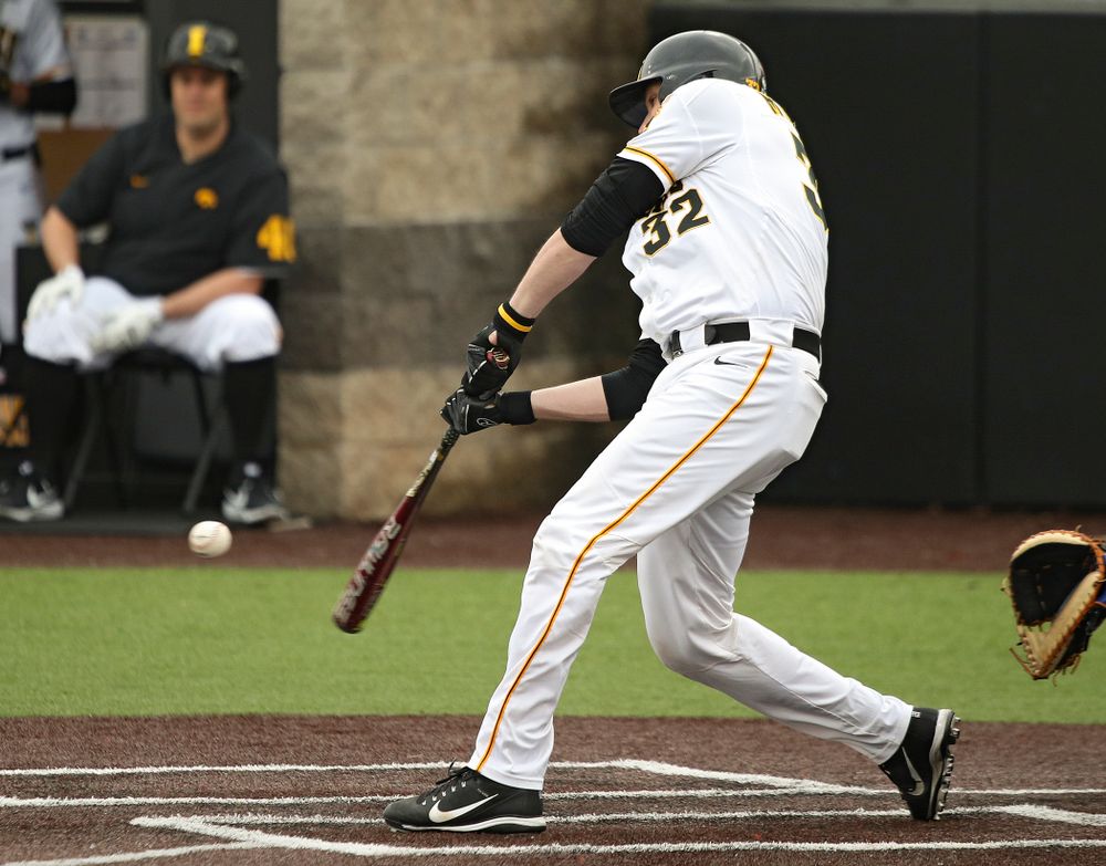 Iowa catcher Brett McCleary (32) bats during the fourth inning of their college baseball game at Duane Banks Field in Iowa City on Wednesday, March 11, 2020. (Stephen Mally/hawkeyesports.com)