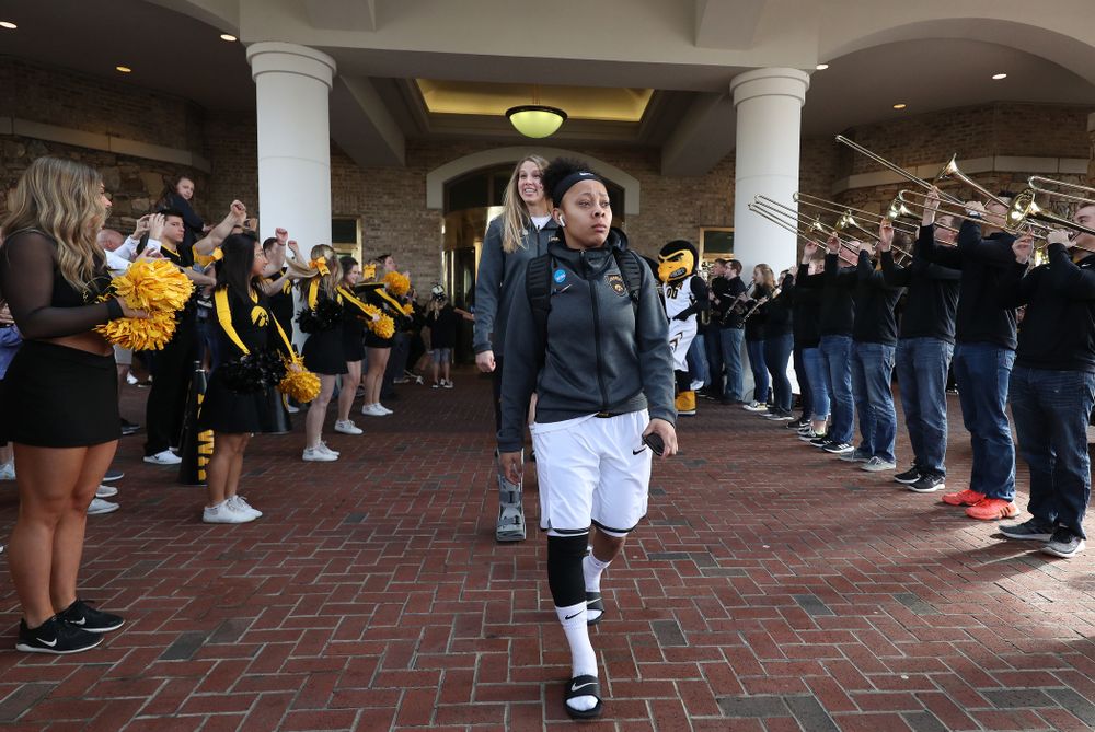Iowa Hawkeyes guard Tania Davis (11) during a send off at the hotel before their game against the NC State Wolfpack in the regional semi-final of the 2019 NCAA Women's College Basketball Tournament Saturday, March 30, 2019 at Greensboro Coliseum in Greensboro, NC.(Brian Ray/hawkeyesports.com)