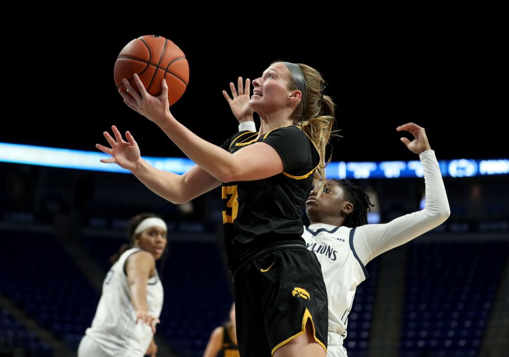Iowa Hawkeyes guard Makenzie Meyer (3) against the Penn State Nittany Lions Thursday, January 30, 2020 at the Bryce Jordan Center. (Brian Ray/hawkeyesports.com)