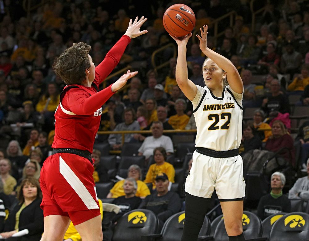 Iowa Hawkeyes guard Kathleen Doyle (22) puts up a shot during the first quarter of the game at Carver-Hawkeye Arena in Iowa City on Thursday, February 6, 2020. (Stephen Mally/hawkeyesports.com)