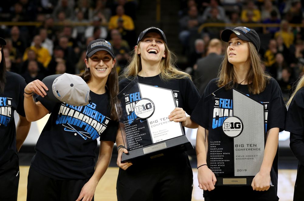 Isabella Solaroli, Katie Birch, and Sophie Sunderland and the rest of the Iowa Field Hockey team are recognized during the Iowa Hawkeyes game against the Ohio State Buckeyes Thursday, February 20, 2020 at Carver-Hawkeye Arena. (Brian Ray/hawkeyesports.com)