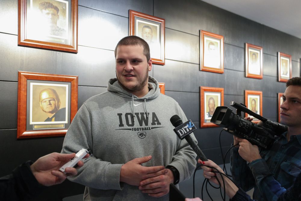 Iowa Hawkeyes offensive lineman Keegan Render (69) addresses the media about the Hawkeyes selection to face Mississippi State in the Outback Bowl Sunday, December 2, 2018 at the Hansen Football Performance Center. (Brian Ray/hawkeyesports.com)