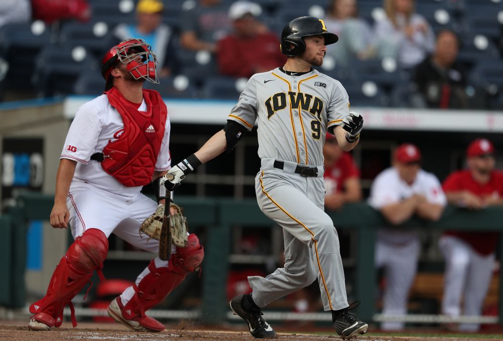 Iowa Hawkeyes outfielder Ben Norman (9) against the Indiana Hoosiers in the first round of the Big Ten Baseball Tournament Wednesday, May 22, 2019 at TD Ameritrade Park in Omaha, Neb. (Brian Ray/hawkeyesports.com)