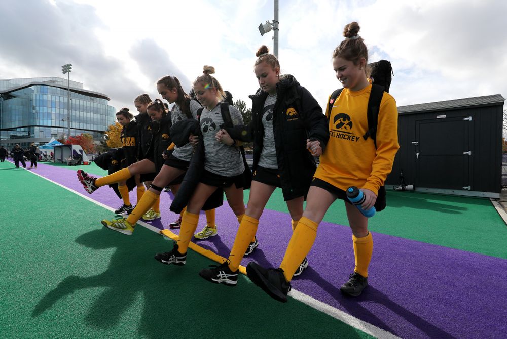The freshman cross the line before their game against the Michigan Wolverines in the semi-finals of the Big Ten Tournament Friday, November 2, 2018 at Lakeside Field on the campus of Northwestern University in Evanston, Ill. (Brian Ray/hawkeyesports.com)