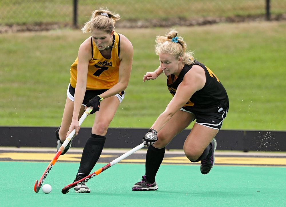 Iowa’s Ellie Holley (7) and Ryley Miller (19) during practice at Grant Field in Iowa City on Thursday, Aug 15, 2019. (Stephen Mally/hawkeyesports.com)