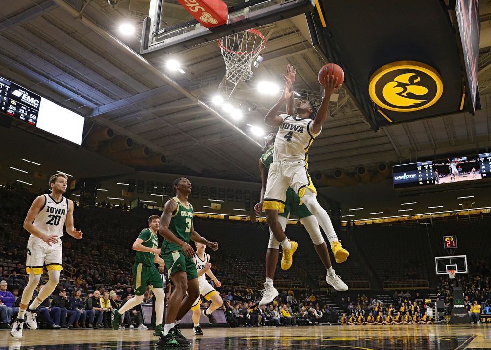 Iowa Hawkeyes guard Bakari Evelyn (4) scores a basket during the second half of their game at Carver-Hawkeye Arena in Iowa City on Sunday, Nov 24, 2019. (Stephen Mally/hawkeyesports.com)