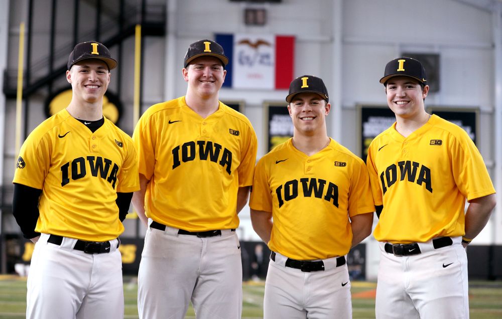 Iowa Hawkeyes Jack Dreyer, Peyton Williams, Andrew Nord, and Jackson Vines, who all played at Johnston High School, stand together during their annual media day Thursday, February 6, 2020 at the Indoor Practice Facility. (Brian Ray/hawkeyesports.com)