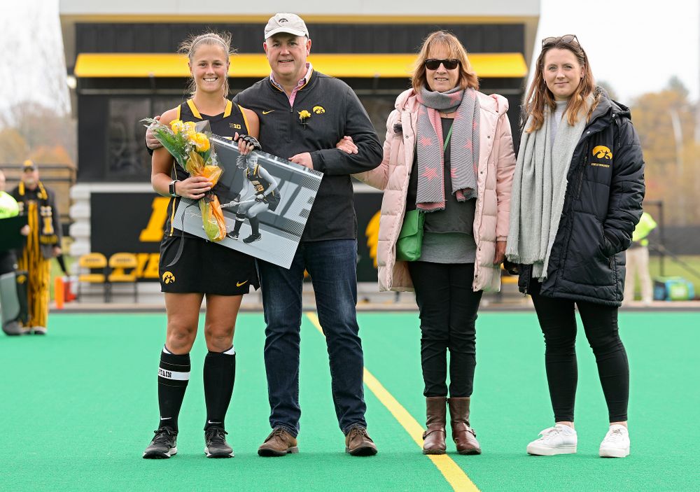 Iowa’s Sophie Sunderland (20) in honored with her family on Senior Day before their game at Grant Field in Iowa City on Saturday, Oct 26, 2019. (Stephen Mally/hawkeyesports.com)