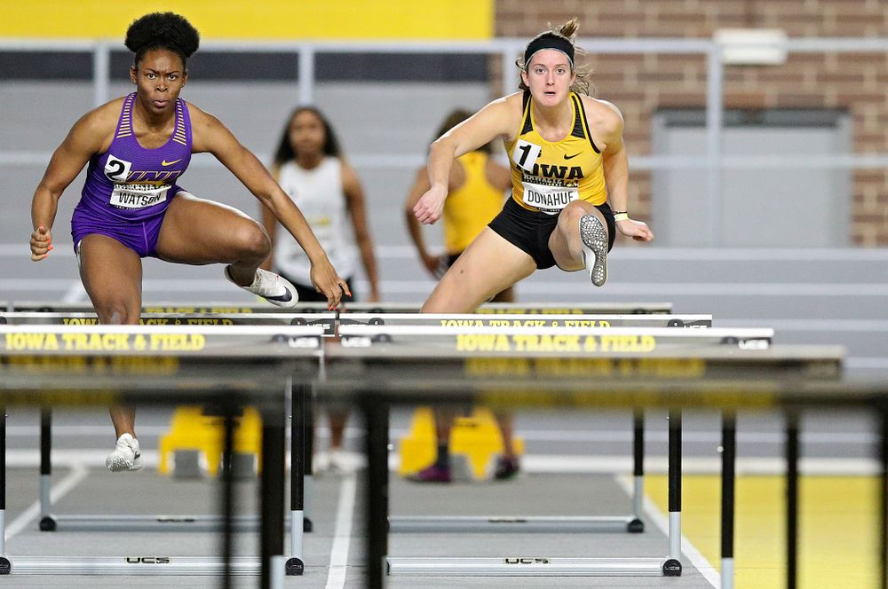 Iowa’s Carly Donahue runs in the women’s 60 meter hurdles prelim event during the Hawkeye Invitational at the Recreation Building in Iowa City on Saturday, January 11, 2020. (Stephen Mally/hawkeyesports.com)