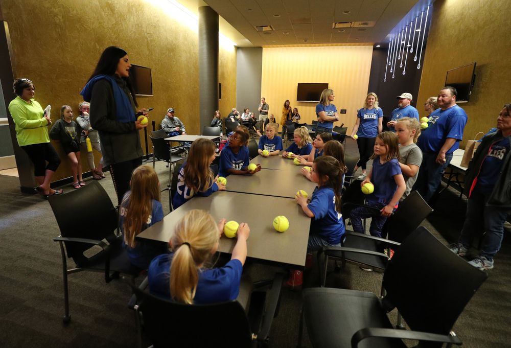 Iowa Hawkeyes forward Megan Gustafson (10) speaks to a group of young girls from West Liberty following teamÕs Celebr-Eight event Wednesday, April 24, 2019 at Carver-Hawkeye Arena. (Brian Ray/hawkeyesports.com)