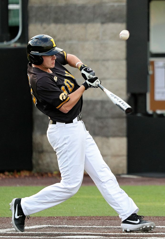 Iowa’s Sam Link (3) drives a pitch for a hit during the fifth inning of the first game of the Black and Gold Fall World Series at Duane Banks Field in Iowa City on Tuesday, Oct 15, 2019. (Stephen Mally/hawkeyesports.com)