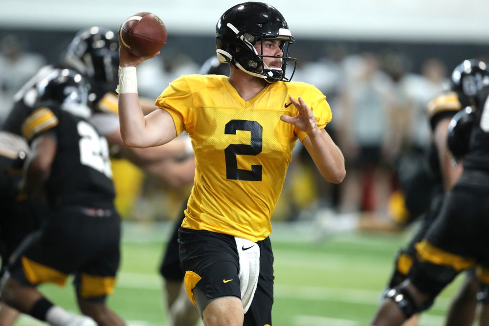 Iowa Hawkeyes quarterback Peyton Mansell (2) during Fall Camp Practice No. 16 Tuesday, August 20, 2019 at the Ronald D. and Margaret L. Kenyon Football Practice Facility. (Brian Ray/hawkeyesports.com)
