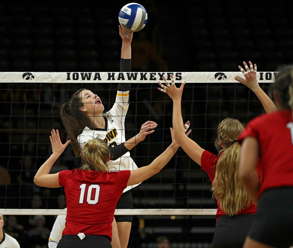 Iowa’s Courtney Buzzerio (2) sends the ball over the net during the first set of their match against Nebraska at Carver-Hawkeye Arena in Iowa City on Saturday, Nov 9, 2019. (Stephen Mally/hawkeyesports.com)