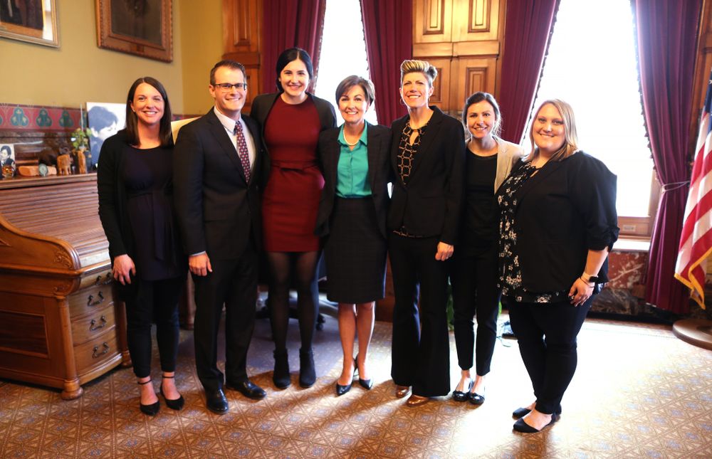 IowaÕs Megan Gustafson meets with Governor Kim Reynolds and Lt. Governor Adam Gregg at the Iowa State Capitol Wednesday, April 24, 2019 in Des Moines. (Brian Ray/hawkeyesports.com)