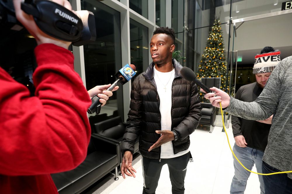 Iowa Hawkeyes defensive back Michael Ojemudia (11) answers questions from the media on the Hawkeyes selection to face USC in the 2019 Holiday Bowl Sunday, December 8, 2019 at the Hansen Football Performance Center. (Brian Ray/hawkeyesports.com)