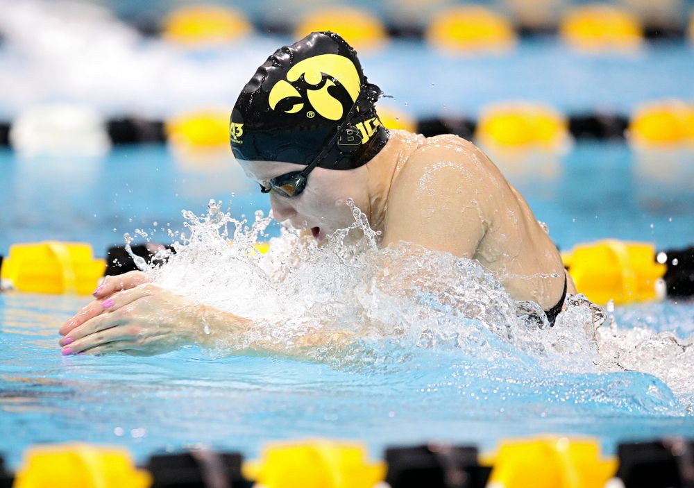 Iowa’s Aleksandra Olesiak swims the breaststroke section in the women’s 400 yard medley relay event during their meet at the Campus Recreation and Wellness Center in Iowa City on Friday, February 7, 2020. (Stephen Mally/hawkeyesports.com)