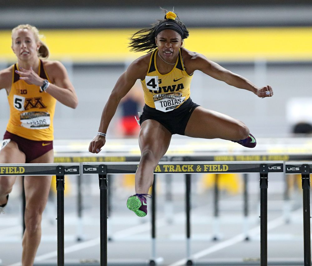 Iowa’s Tionna Tobias runs the women’s 60 meter hurdles premier preliminary event during the Larry Wieczorek Invitational at the Recreation Building in Iowa City on Saturday, January 18, 2020. (Stephen Mally/hawkeyesports.com)