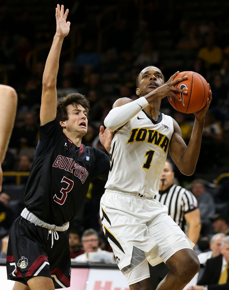Iowa Hawkeyes guard Maishe Dailey (1) goes up for a shot during a game against Guilford College at Carver-Hawkeye Arena on November 4, 2018. (Tork Mason/hawkeyesports.com)